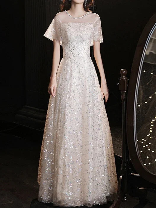 Customized Sparkling Champagne Prom Dress Off The Shoulder Blingbling Sequin Floor-length A-line Elegant Slim Evening Bridesmaid