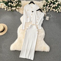 2024 Spring hollow  Knitted Suits Elegant 3 Piece Dress Set Women Outwear  Korea Fashion Sweater Dress Female