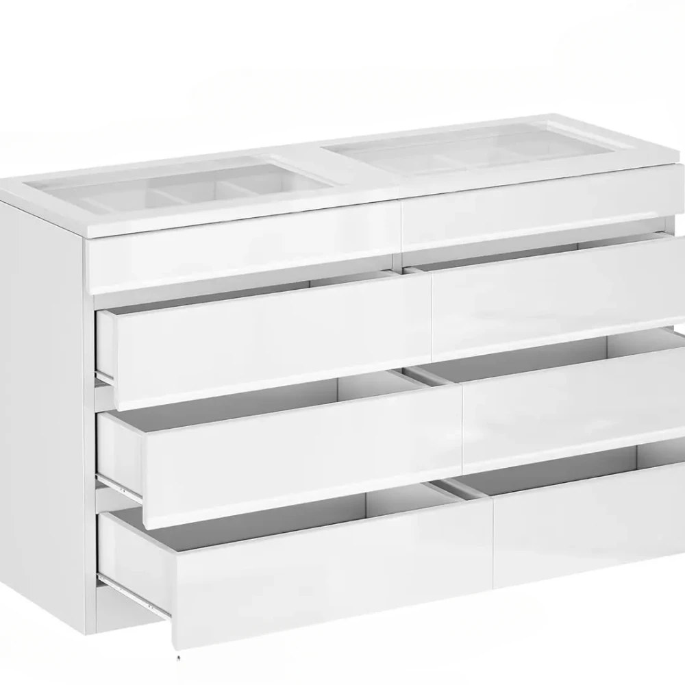 

8 Drawer Dresser with LED, White Dresser, Modern 8 Chest of Drawers with Deep Drawers Glass Top High Gloss Surface, Storage