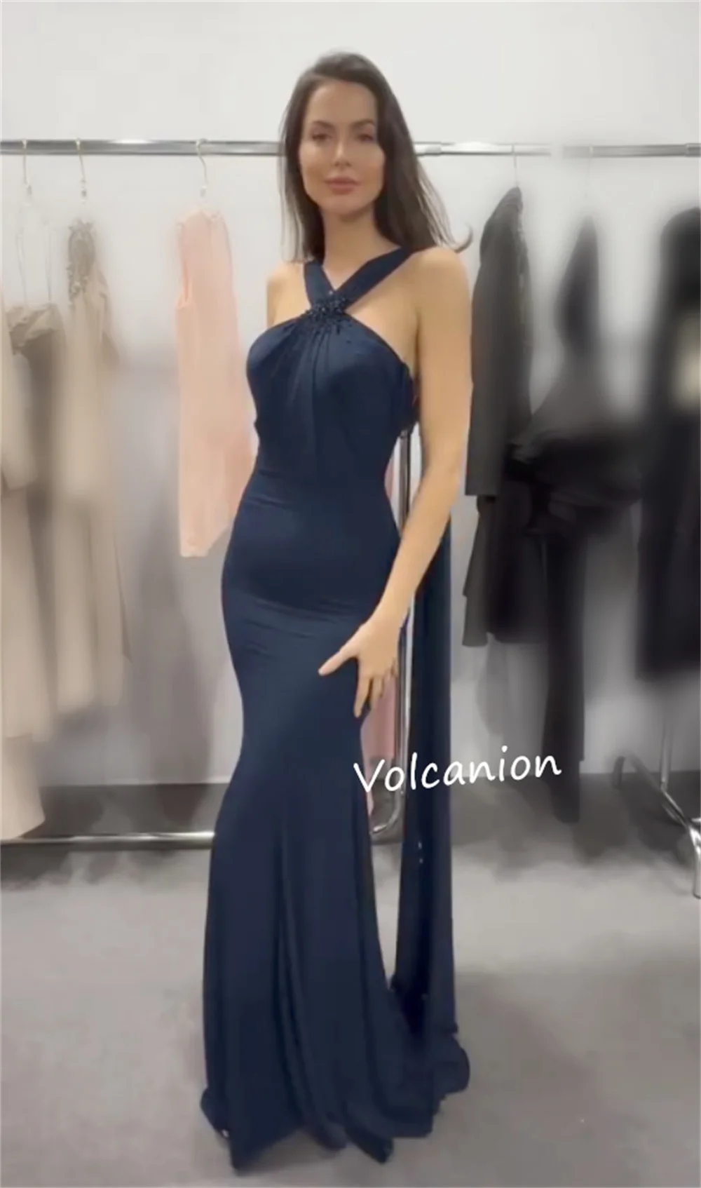 Customized Jersey Pleat Beading Trumpet Halter Long Dresses Bespoke Occasion Party Elegant Classic Matching