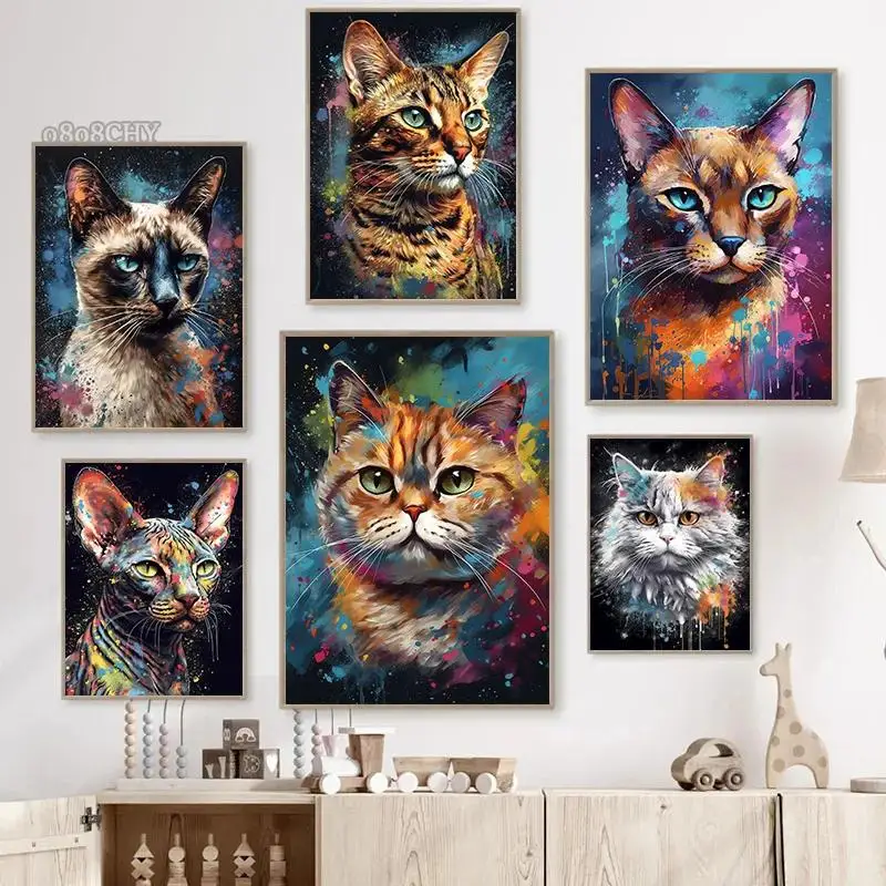 Colorful Abstract Cat Canvas Art  Bengal Ragdoll Shorthair  Siamese Graffiti Wall Decor Poster