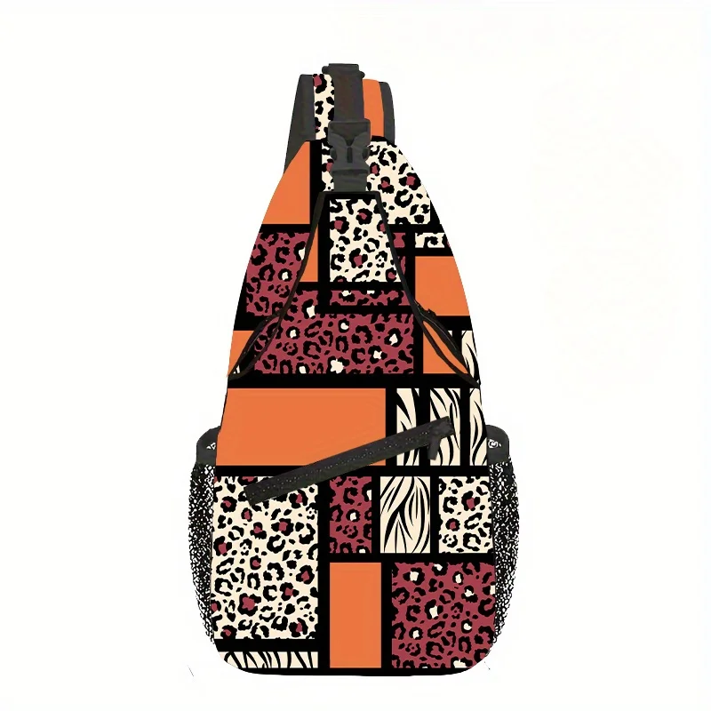 

Plaid Leopard Print Outdoor Sports Travel Chest Bag, Outdoor Sports Riding Pack Sling Backpack with Multiple Pockets