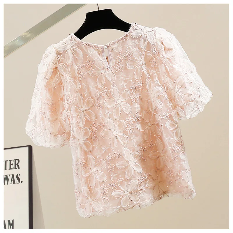 New Fashion Embroidery Diamond Puff Sleeve Shirts Women 2024 Summer Clothes New Loose Sweet Temperament Blouse Women Tops