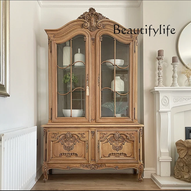 

American solid wood carving flower table villa side cabinet French multi-layer bookcase bookshelf retro living room wine cabinet