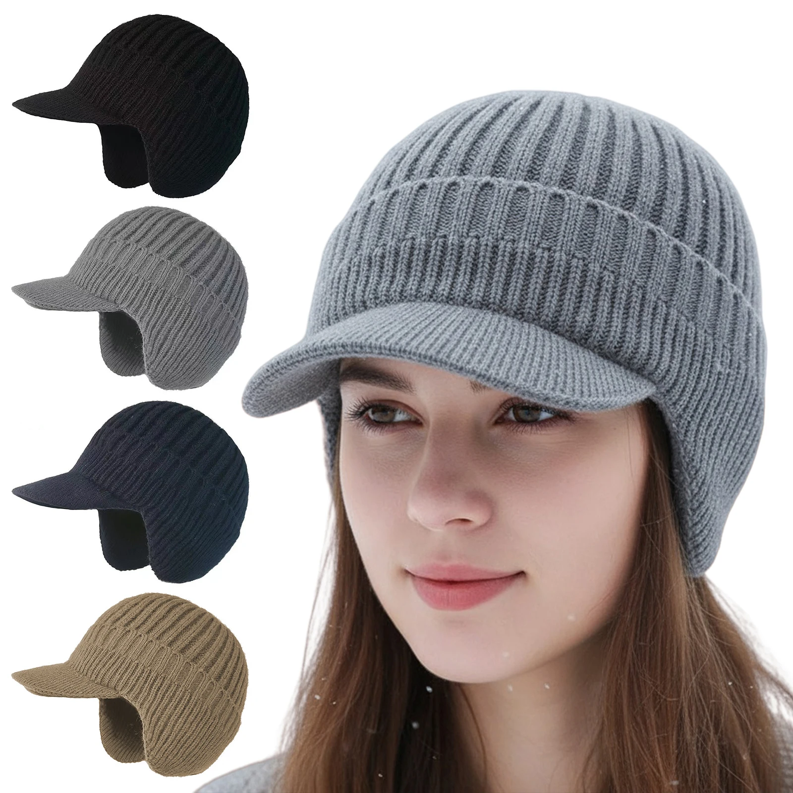 Winter Beanie with Brim and Ear Flaps Outdoor Warm Fleece Lined Knit Hat Stocking Caps for Men