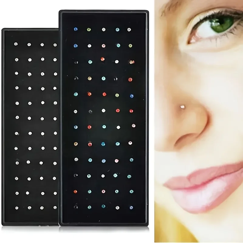 60pcs/set Fashion Cubic Zirconia Nose Ring For Men, Stainless Steel Nose Studs, Body Piercing Jewelry Gift