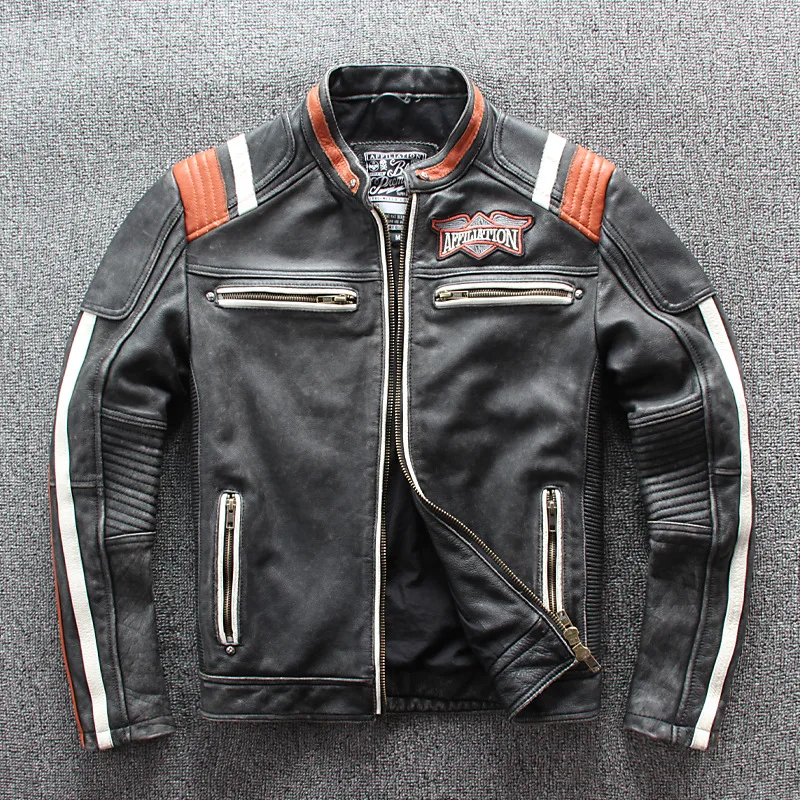 Plus Size 5XL,Men\'s Motorcycle Rider Jacket Genuine Leather Vintage Coat Stand Collar Embroidery Cowhide Leather Jacket