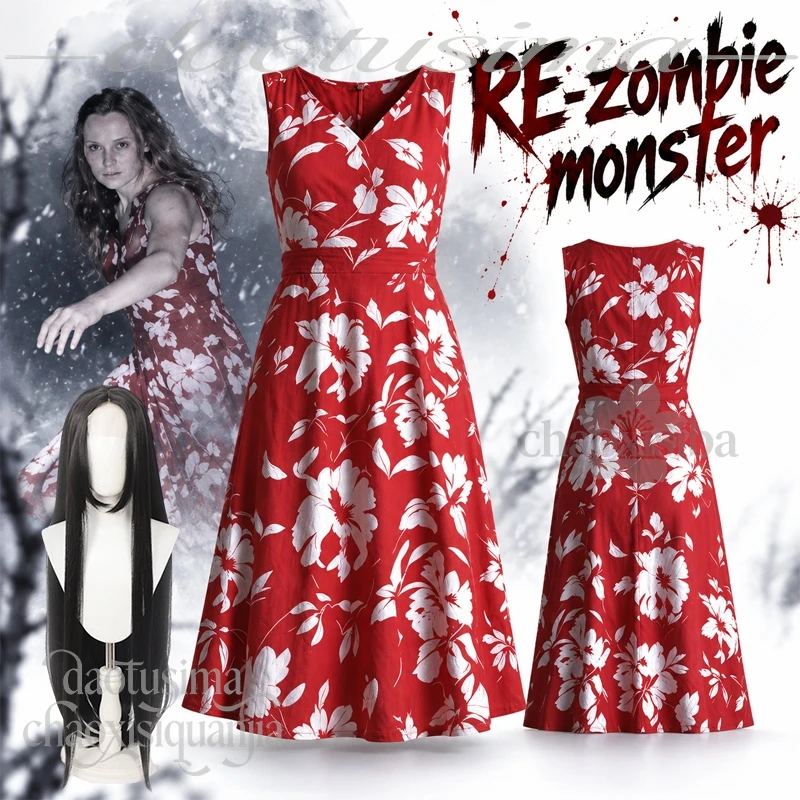Monster Zombie Female Ghost White Flower Pattern Red Dress Wigs White doctor's Coat Halloween Party Horror Game Movie RE Cosplay