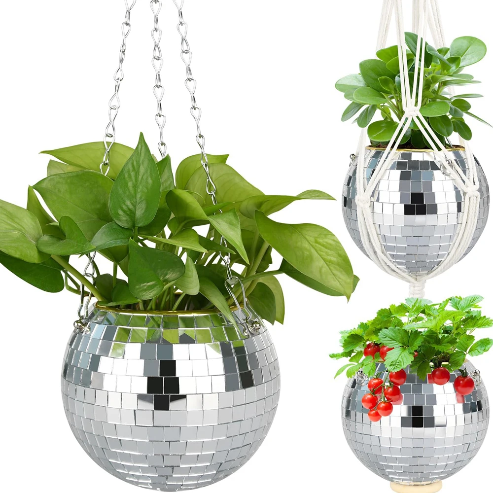 Disco Ball Planter, Disco Ball Plant Hanger with Hanging Rope, Hanging Chain, Hook, Circle and Extra Mirror Pieces