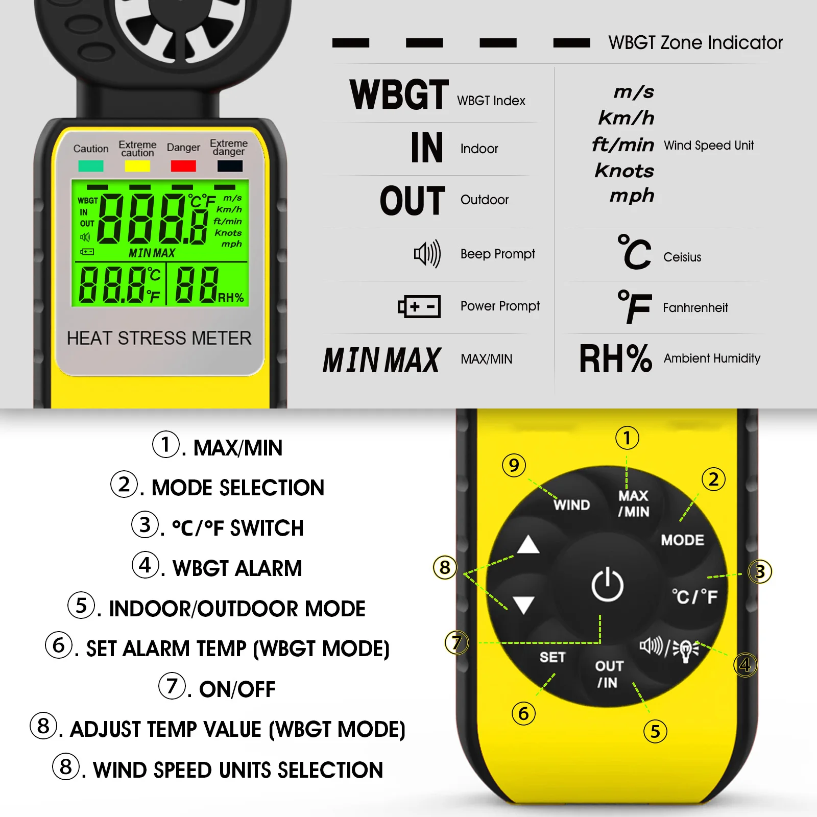 Anemometr cyfrowy z testerem WBGT dla prędkości wiatru, miernika naprężeń cieplnych, temperatury powietrza, wilgotności, 4 w1, 0 ~ 30 m/s, 0 ~ 50 ℃