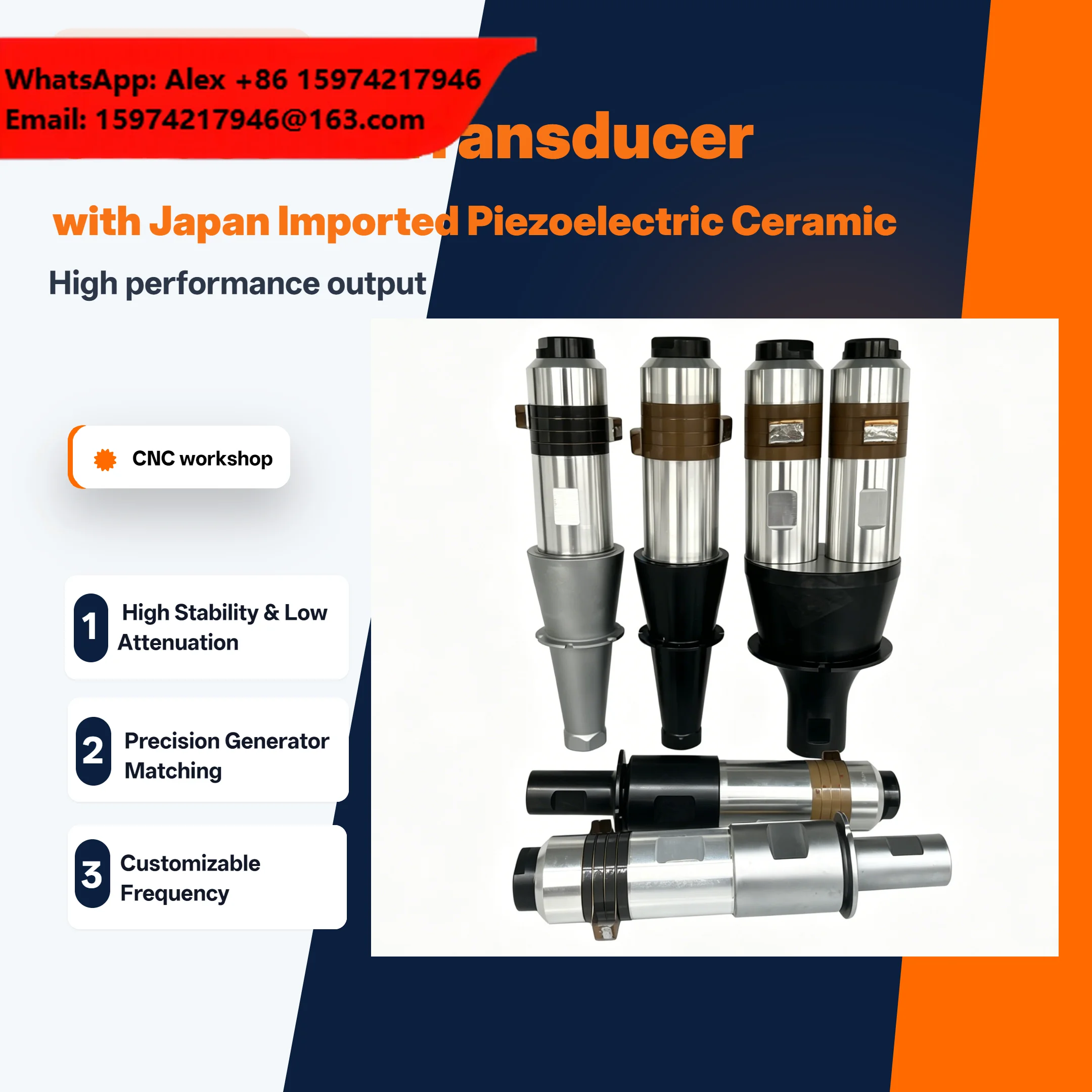 15kHz 20kHz Ultrasonic Welding Transducer 2000W 4200W With Japan Piezoelectric Ceramic For Plastic Welder Horn