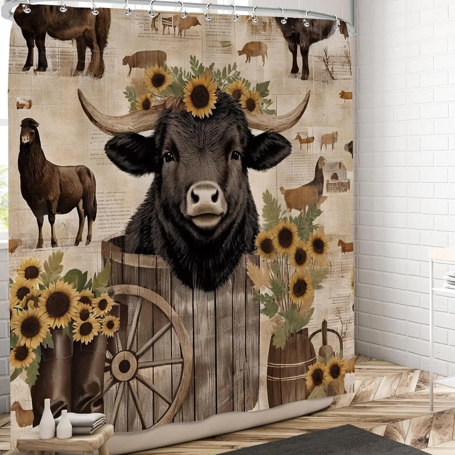 

Занавеска для душа в деревенском стиле с изображением коровы и подсолнухов, стиль фермерского дома, водонепроницаемая ткань, уникальный декор для ванной комнаты для любителей стран, 72x72 дюйма