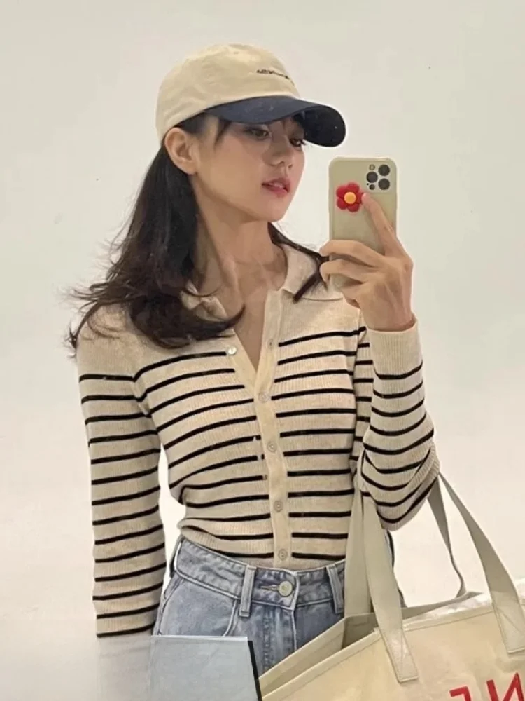Slim Fit  Neck Knitwear Striped Top for Women Half Matures Korean Style Long Sleeve Autumn Cardigan Commute Style Peixi B...