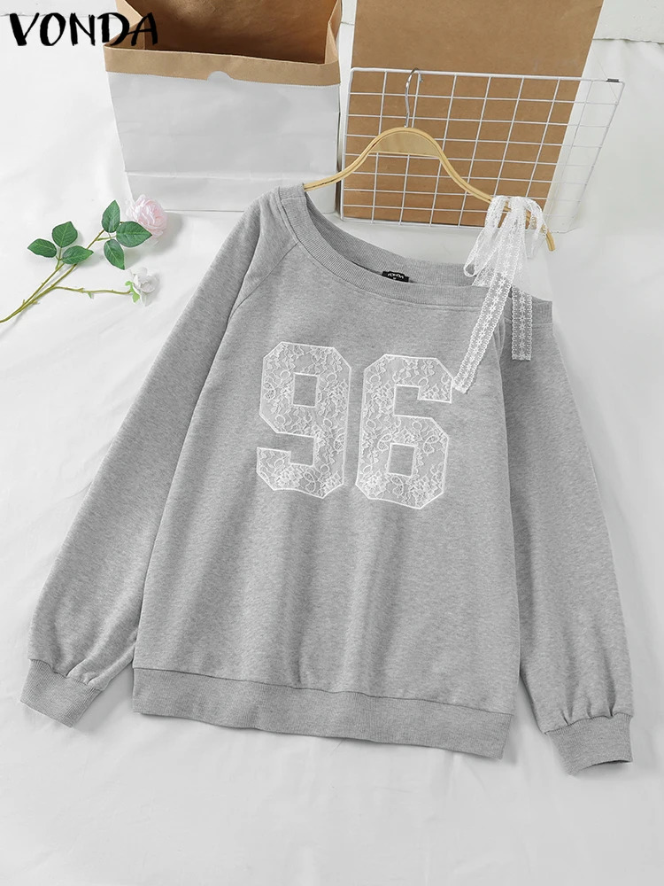 2025 Autumn Sweatshirts Asymmetrical Lace Long Sleeve Casual LooseOff Shoulder Printing Hoodies Loose Pullovers Oversized VONDA