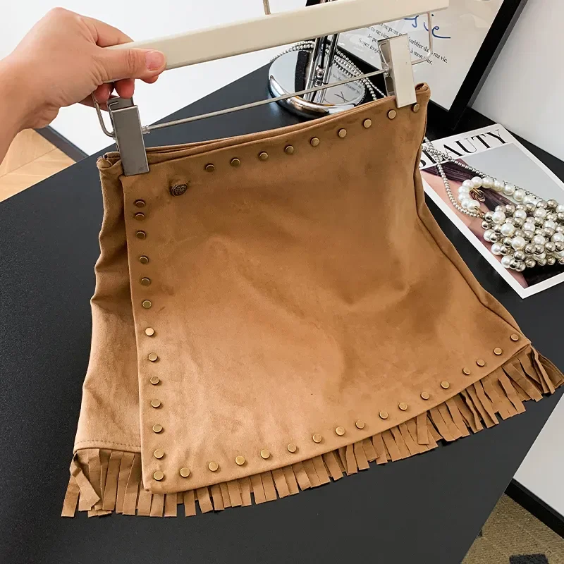 

Осень-зима 2022, новая винтажная расклешенная юбка трапециевидной формы с высокой талией и вышивкой, модные однотонные юбки нестандартной формы с кисточками