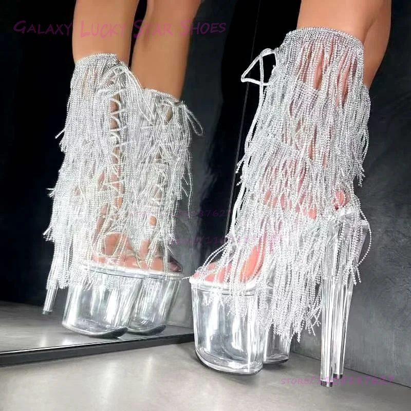 

Sparkling Crystal Jeweled Strap Sandals Girls Sequins Silver Diamond Chain Stage Heels Platform Stiletto Bling Tassel Open Shoes