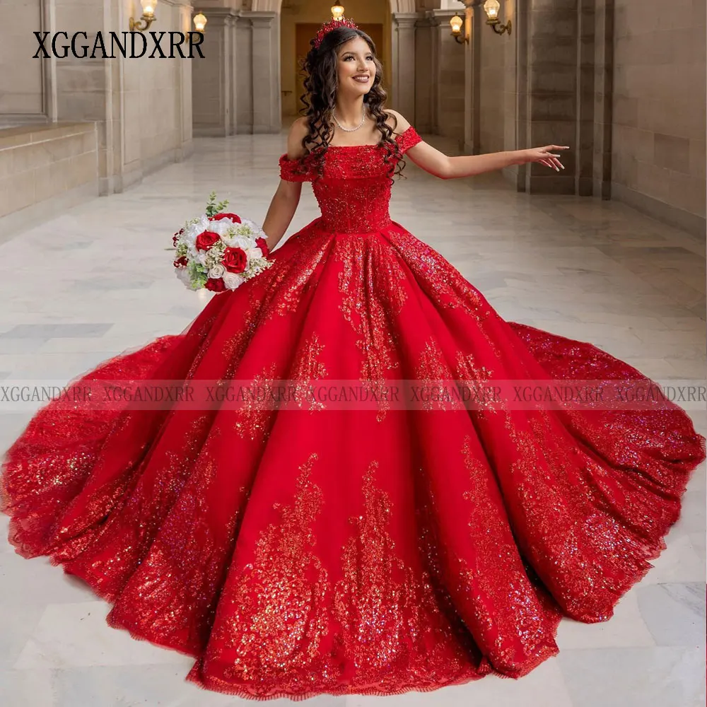 Vestido De quinceañera De tren largo De princesa roja, vestido De baile con hombros descubiertos, corsé, desfile, dulce 15, fiesta, Años XV, 2024