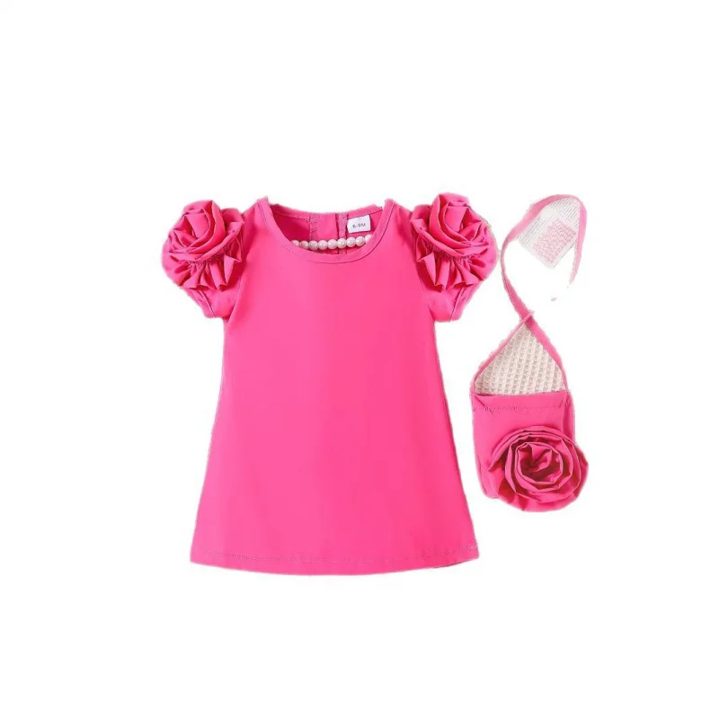 

Spring and Summer New Baby and Toddler Rose Red Three-dimensional Flower Short-sleeved Princess Dress with Bag Set