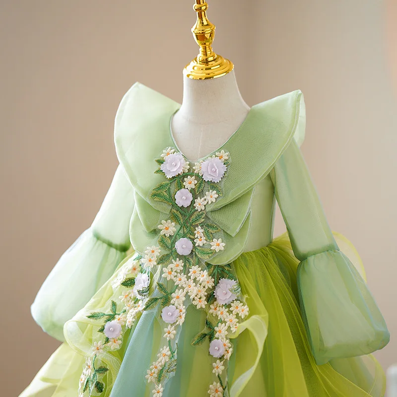 Vestido de boda de manga larga con cuello en V para niñas, tutú de princesa, hada de las flores verdes, vestidos de lujo para bebés, fiesta de cumpleaños infantil