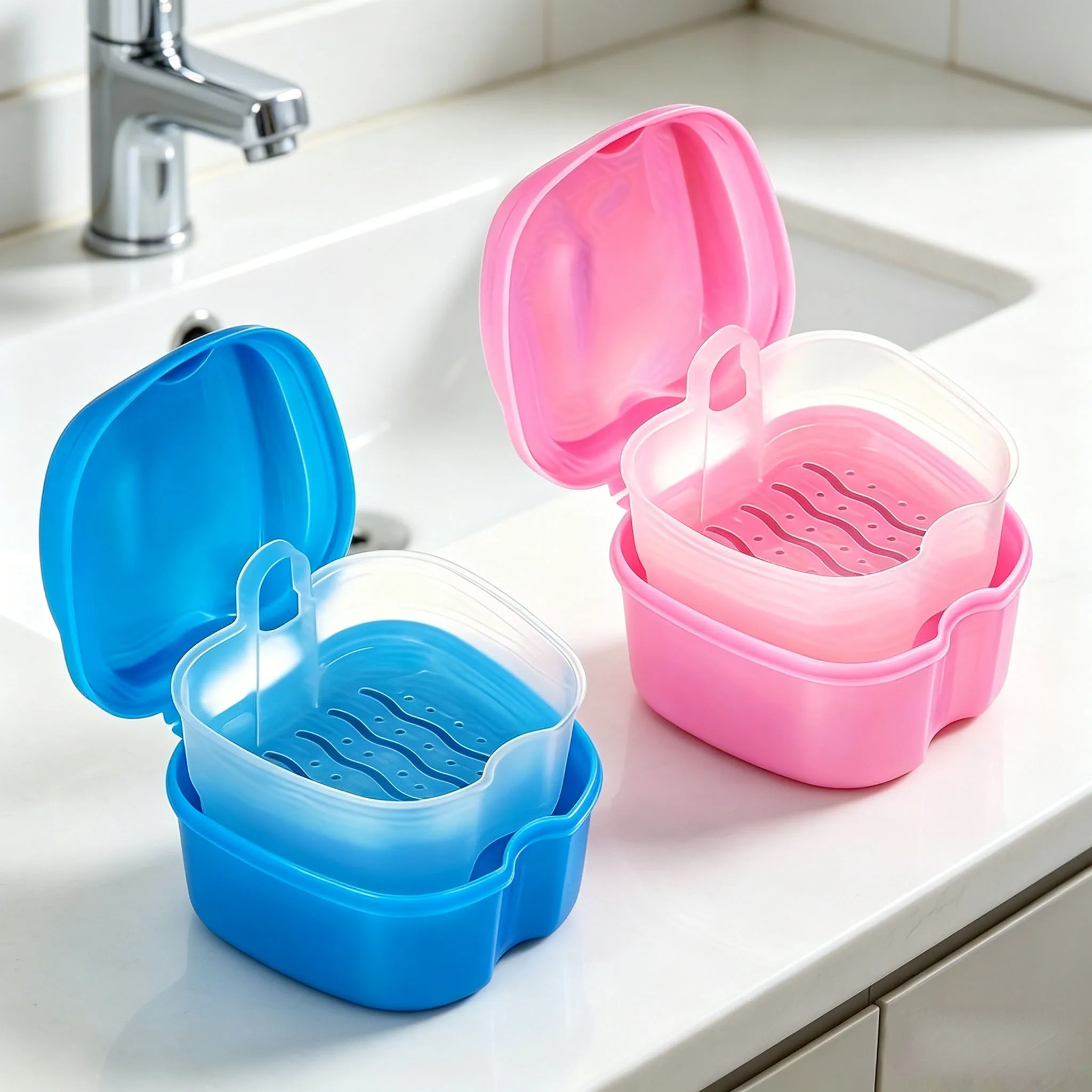 

New Pcs Portable Denture Soaking Container with Filter Basket, Mini Travel Care Box for Healthy Daily Cleaning.H2931-17