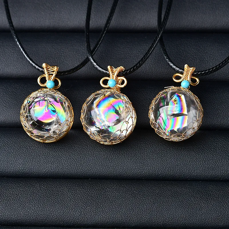20mm Natural Clear Quartz Rainbow Healing Crystal Ball Reiki Sphere Net Shape Golden Wire Wrapped Gemstone Hanging Decor