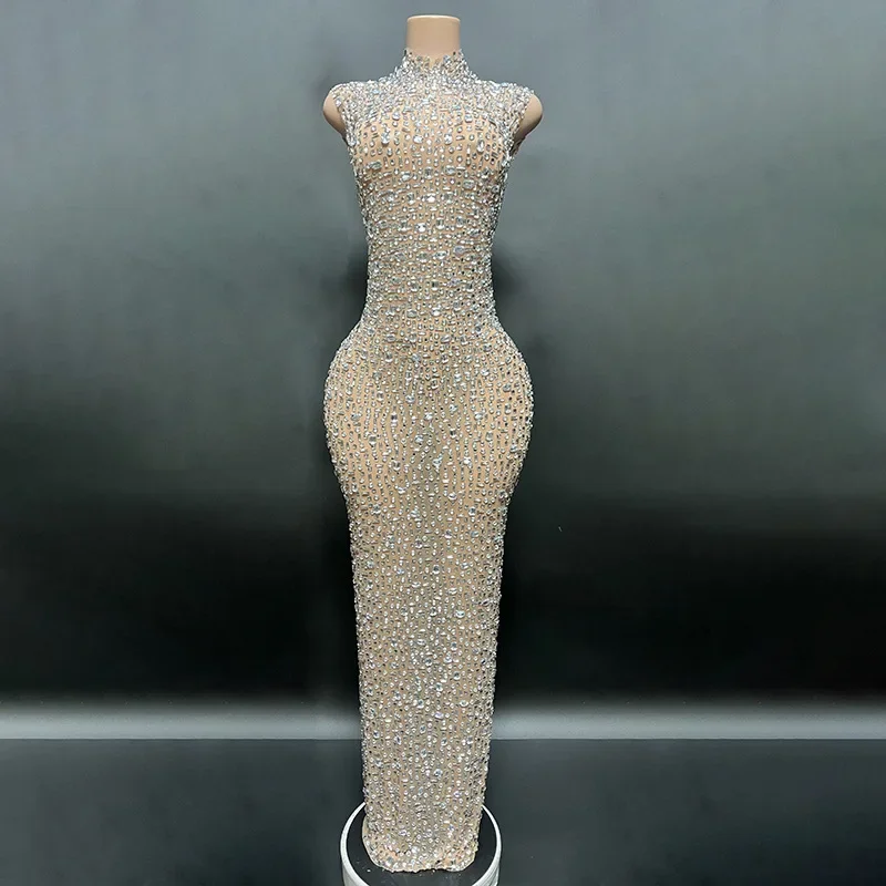 Abito da ballo lungo con diamanti per la celebrazione del compleanno, abito da festa formale per la madre, abito da festa in cristallo di lusso elegante