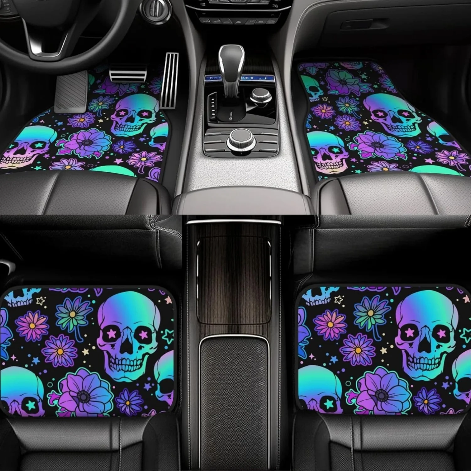 Vibrant Human Skull And Floral Car Mats, Complete Set Of 4, Rubber-Lined For All Seasons, Durable Protection Carpets Designed To