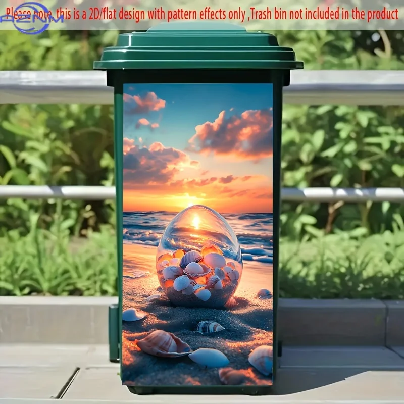 1pc, 2D/Flat Trash Can Sticker, .01 X cm, Glass Egg Filled with Seashells on Beach, Ocean Sunset Scene, Summer Coastal Decor,