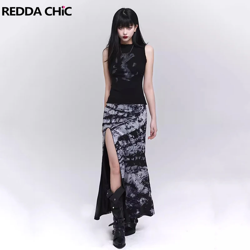 

ReddaChic Aesthetic Print Split Long Skirt Women Summer A-line Low Rise Tie Dye Slim Fit Maxi Skirt Vintage E-girl Punk Clothes