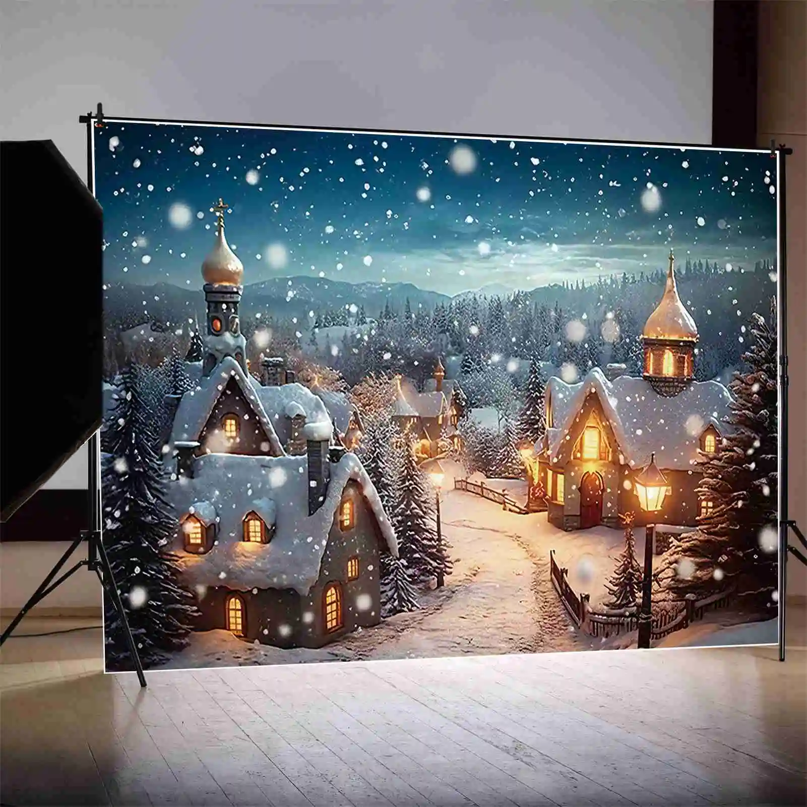 MOON.QG Winter Christmas Village Backdrop Home Decoration Photography Studio Background New Year Snow Town Mountain Back Drop