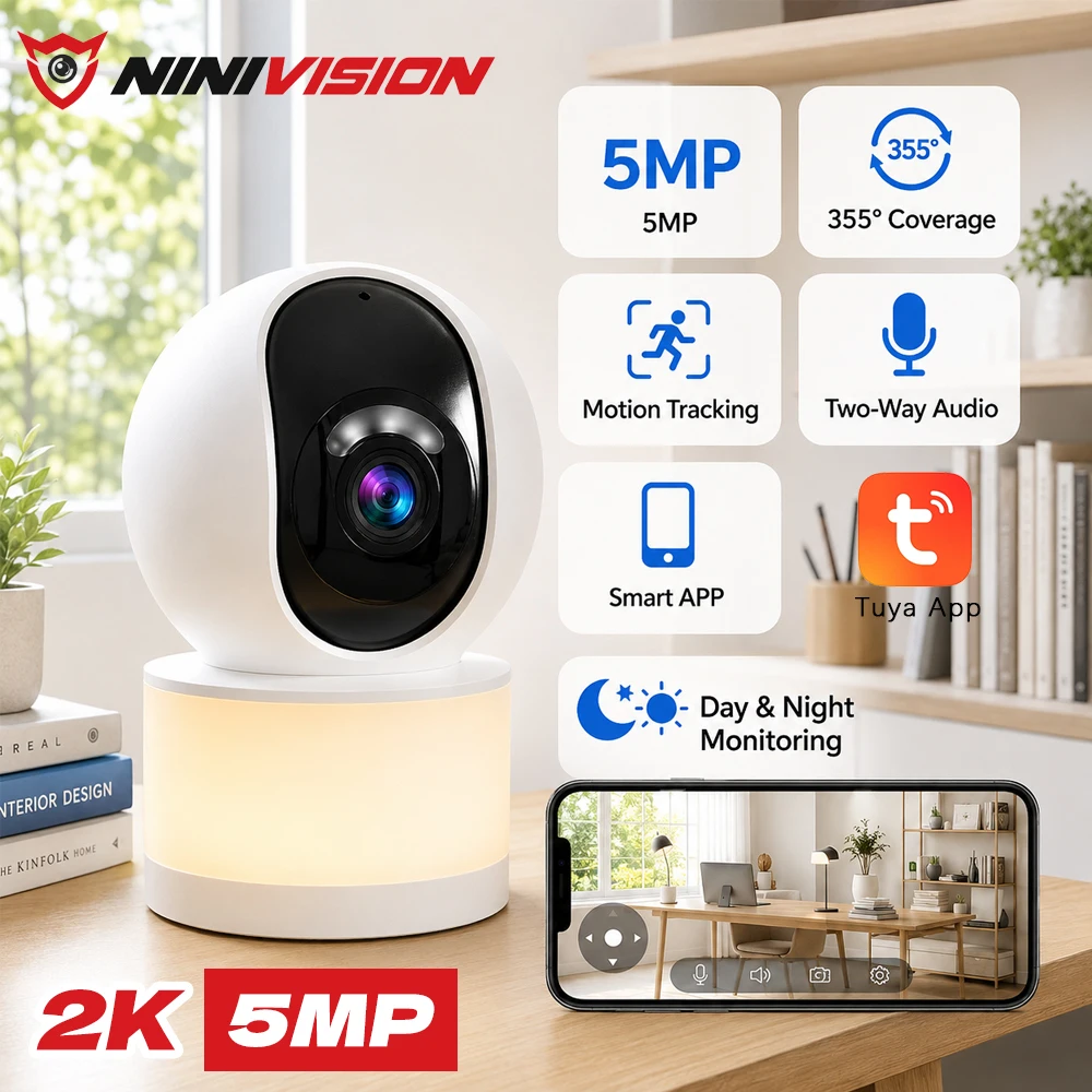 5MP Indoor WiFi Security Camera 355 PTZ Auto Tracking Two Way Audio Night Light Tuya Smart Life App Remote Home Monitor CCTV Cam