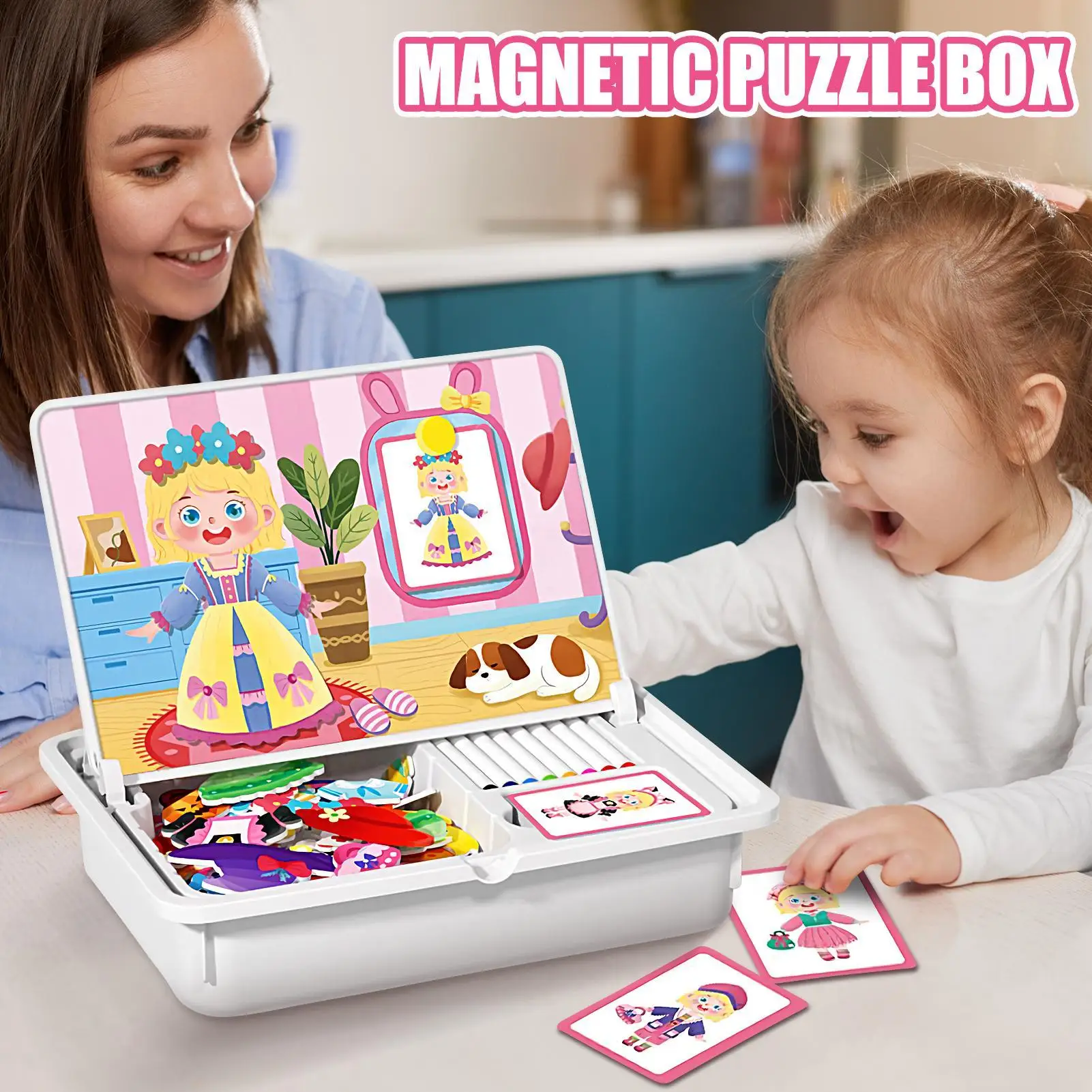 마그네틱 직소 퍼즐 상자 드레스업 인형 마그네틱 게임 상자 교육용 학습 직소 퍼즐 로드 트립 홈 스쿨 야외용