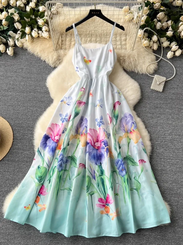 Hikigawa Chic Fashion Women Floral Print Holiday Camisole Dresses Vintage Bandage Slim Waist Elegant Long Vestidos Mujer