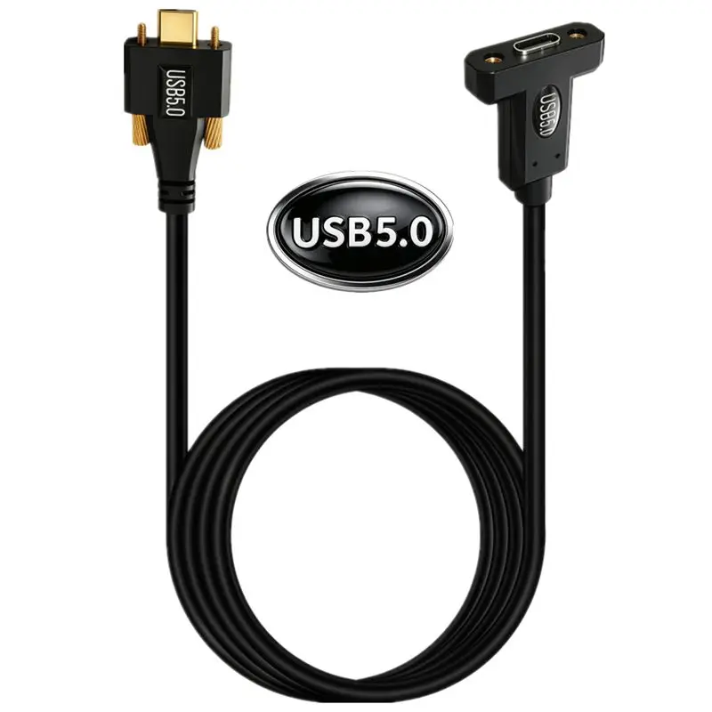 80Gbps Gold-Plated USB 5.0 Type-C Male to Female Cable with Locking Screws, 16K Video 240W Thunderbolt 4 Industrial Panel Cable