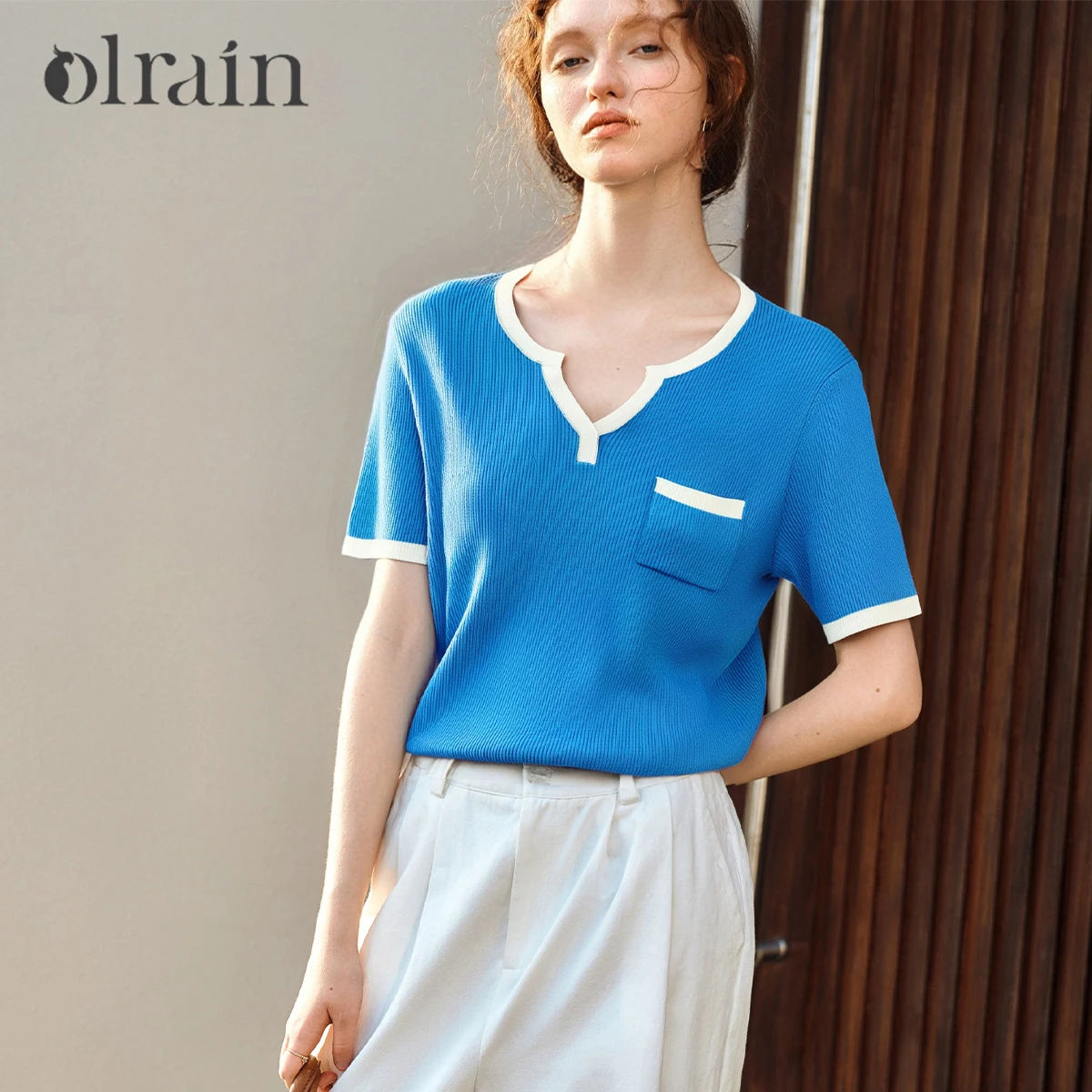 OLrain Women's Wool Knit Pullover 2026 New Autumn Blue Color Block Half Open V Neck Office Versatile Ladies Soft Tops O57XZ99060