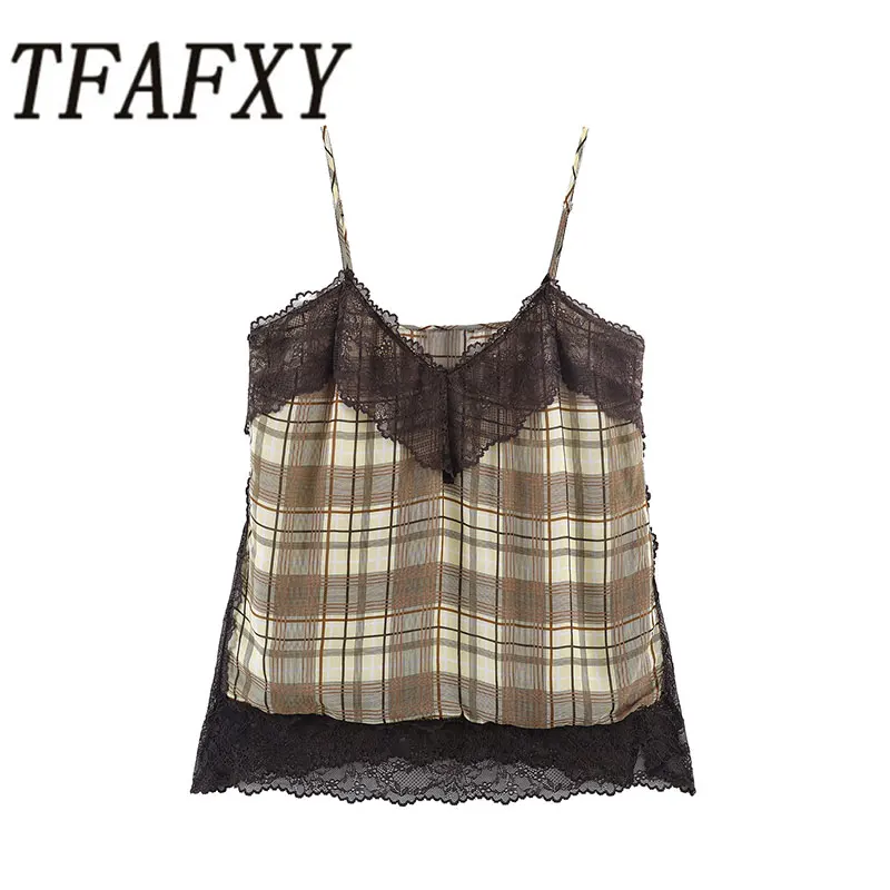 TFAFXY 2026 Spring Summer Women's Grid V Neck Sleeveless Slim See Through Lace Patchwork Slit Sides Camis Y2K