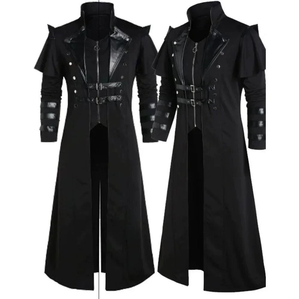 

Vintage Men's Gothic Steampunk Long Jacket Trench Elves Pirate Costume Black Split Jacket Gothic Armor Leather Coats