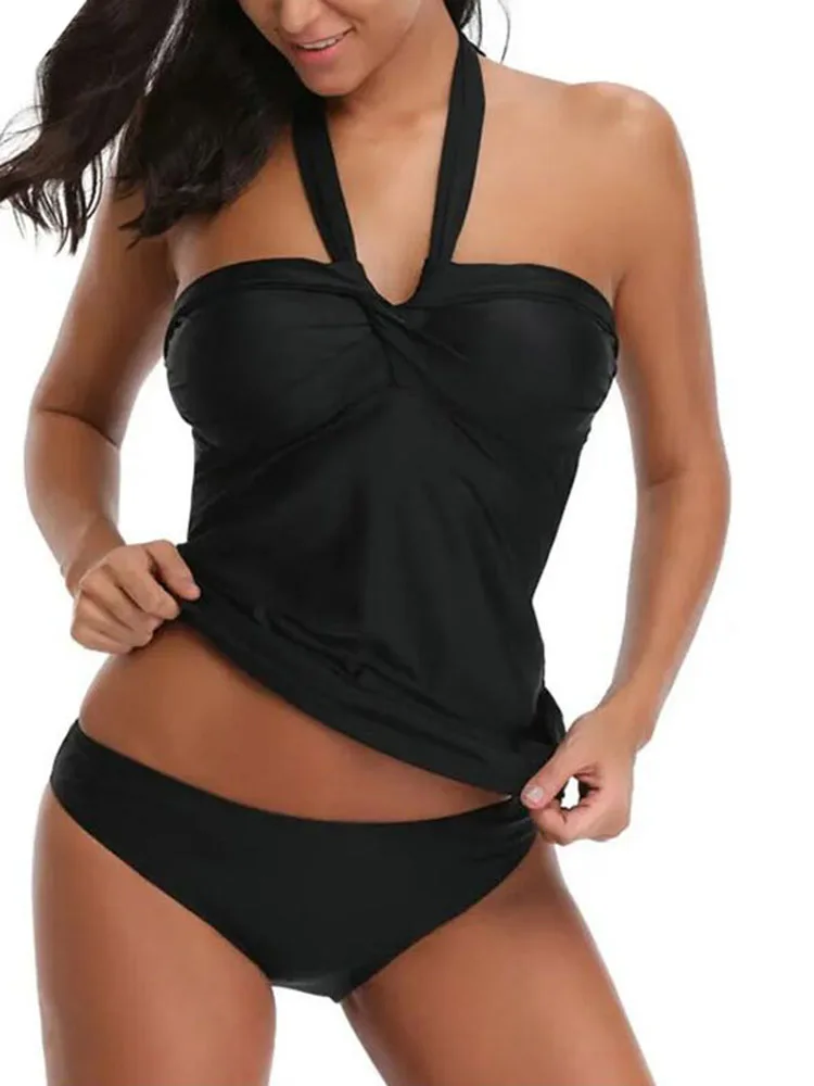 Roupa de banho feminina halter duas peças maiô sólido sexy trajes de banho preto tankini conjunto