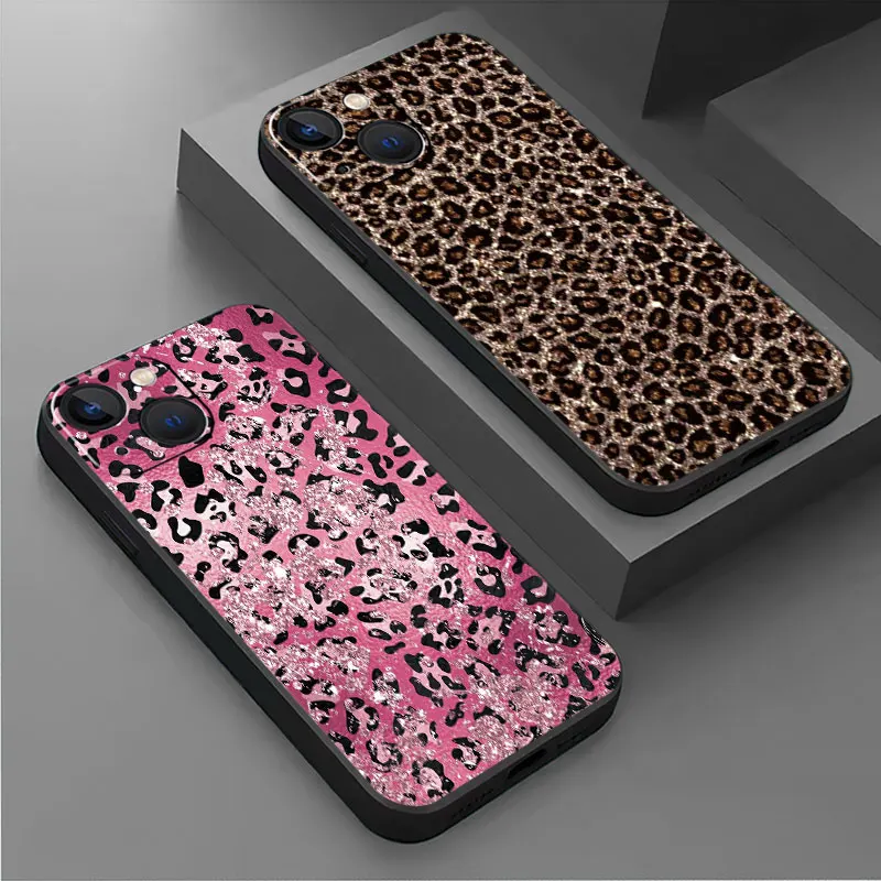 

Phone Case For iPhone 16 Plus 14 15 Pro Max XR 12 8 13 Mini X XS 11ProMax 12Pro 7 Soft Shell Cover Shining Leopard Print Design
