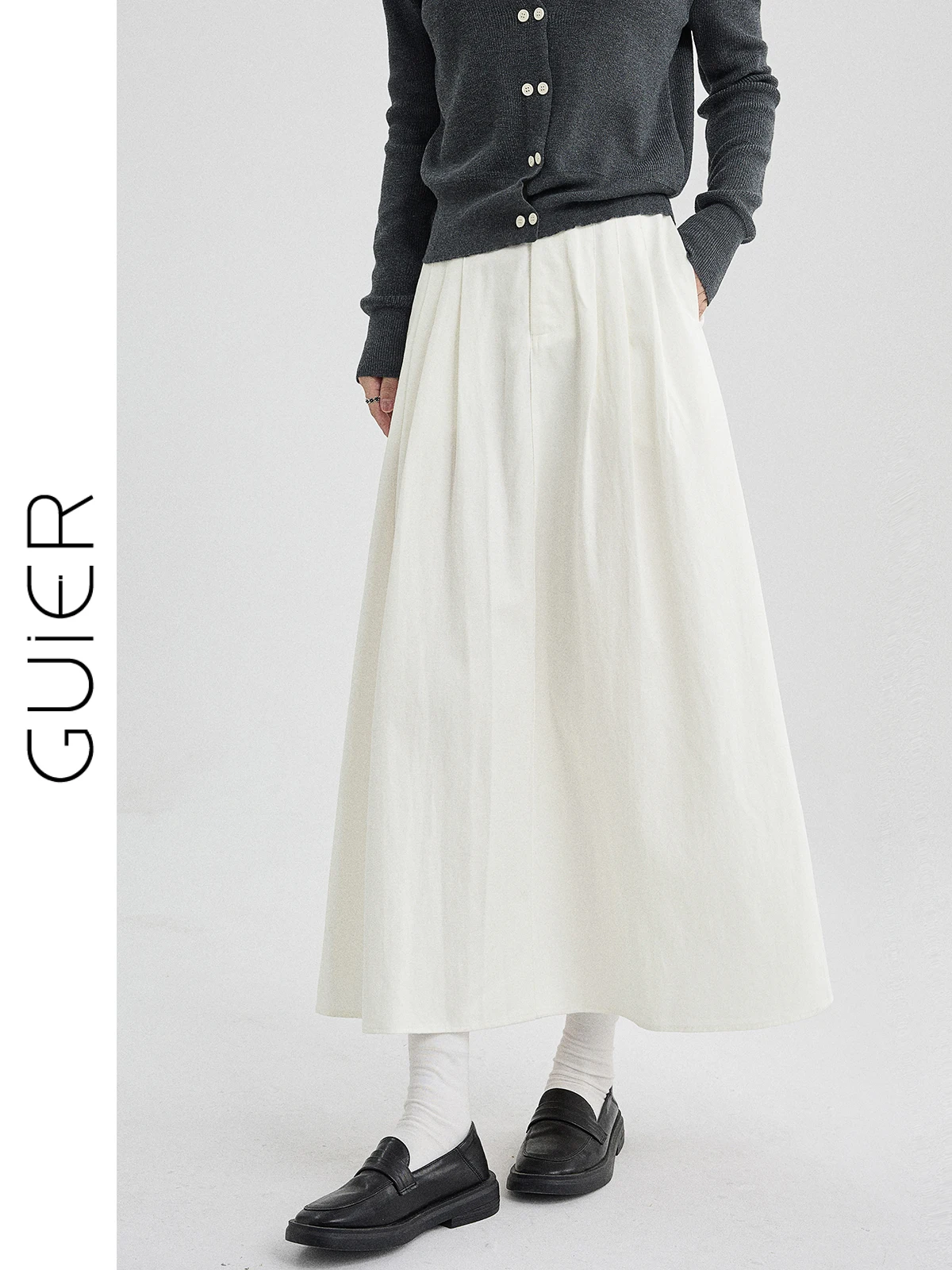 

White A-Line High Waist Midi Skirt Women's Casual Versatile Slimming Spring New Arrival Umbrella Skirt by Guier