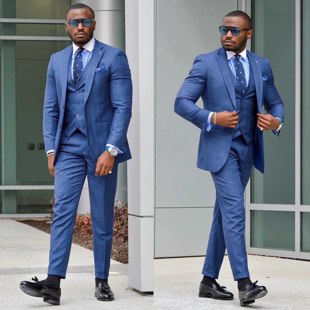 

Plus Size Blue Men Wedding Tuxedos Slim Fit Groom Dinner Business Evening Suit Birthday Party Wear Blazer 3 Pieces