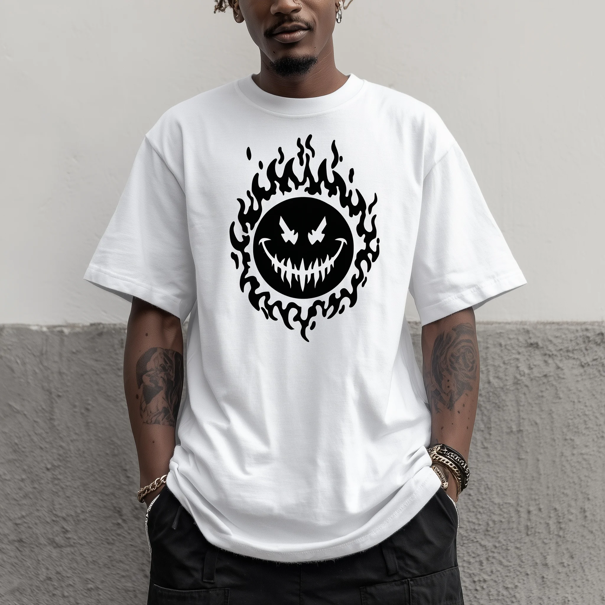 

Teevo Men's Casual T-Shirt with Flame Ghost Face Print for Daily Wear