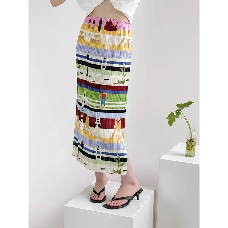 Pleated Women's Summer New Miyake Printed Half Skirt Casual Peplum Back Split Mid-Length Skirt Simple Korean Vacation Clothing