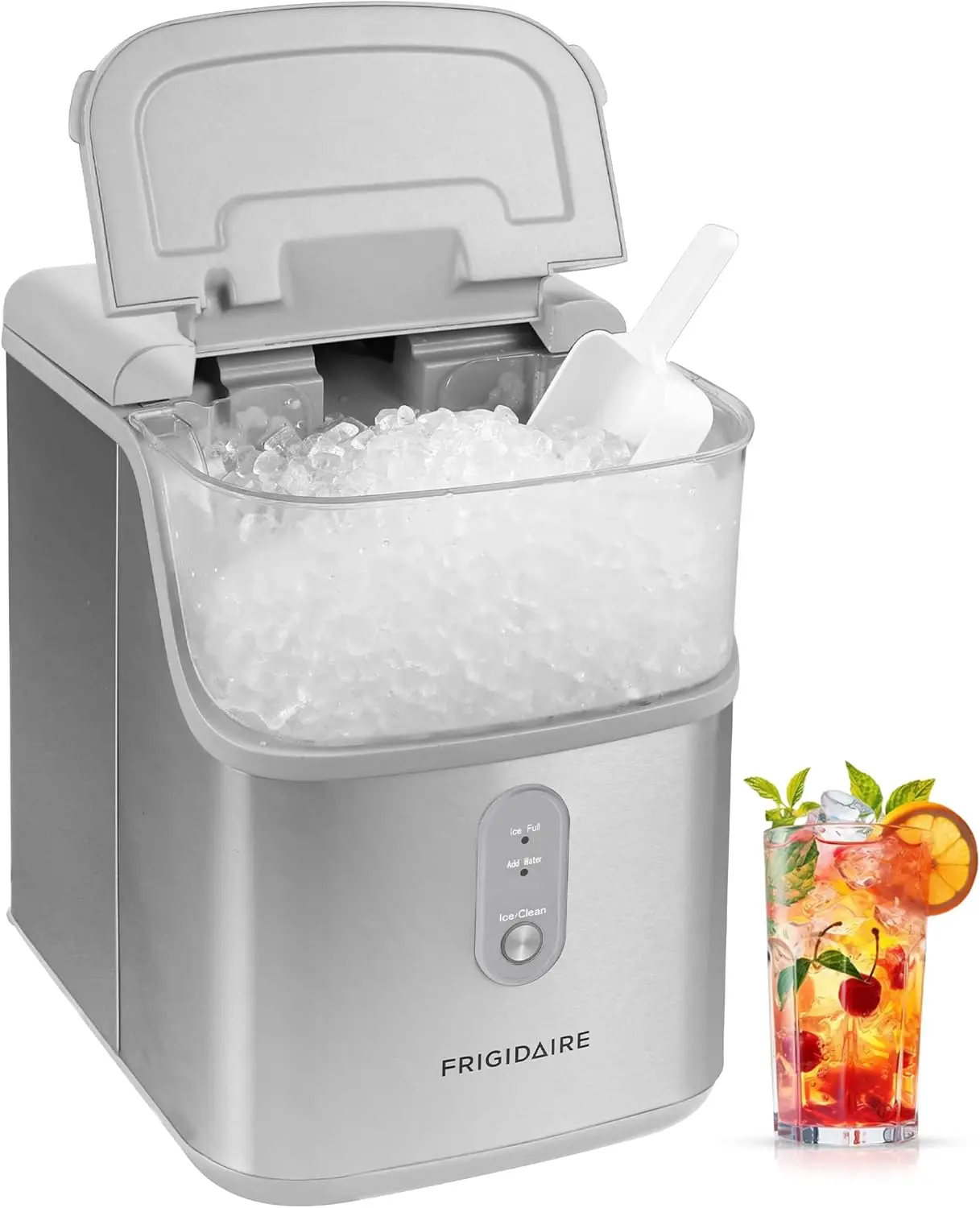 Máquina de hielo Frigidaire, encimera crujiente masticable, compacta, 33 libras por día, acabado metálico