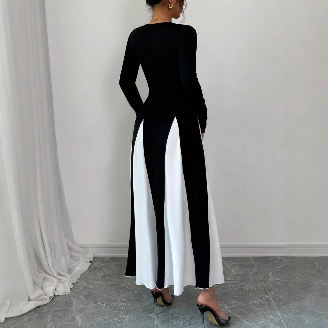 Faionable Color Blo Slim Fit Long Sve Dr Ele A-Line Silhouette Midi Dr للنساء صيف 2025 عبر الحدود