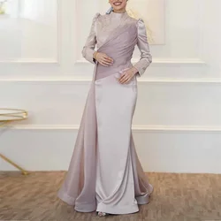 Customized Saudi Arabia Evening Dress Formal High Collar Column Floor Length Fold Layered Tulle Embroidery Bespoke Occasion Dres