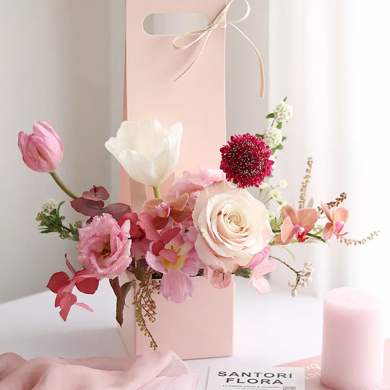 

10pcs Women's Day DIY Flower Basket Portable Kraft Paper Gift Box for Mom Wife Hand Carry Flower Box for Home Deco or Office