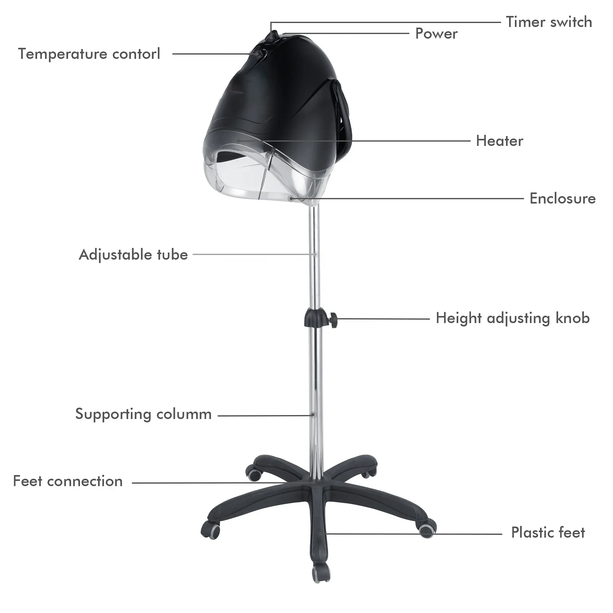 Professional Standing Hooded Stand-Up Hair Bonnet Dryer with Rolling Base for Salon