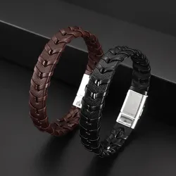 New Classic Simple Hand Woven Rope Leather Bracelet Stainless Steel Magnetic Metal Buckle Men's Bracelet Gift Wholesale