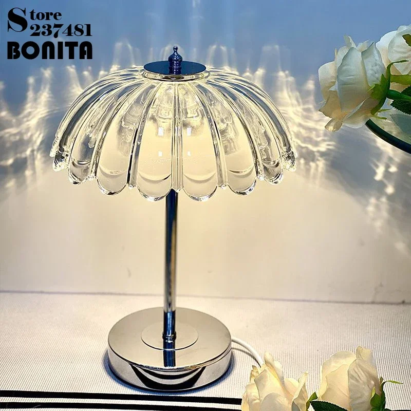 Crystal Glass Desk Lamp Dimmable Transparent Amber Petal Table Light Umbrella Pleated Skirt Decorative Atmosphere LED Table Lamp